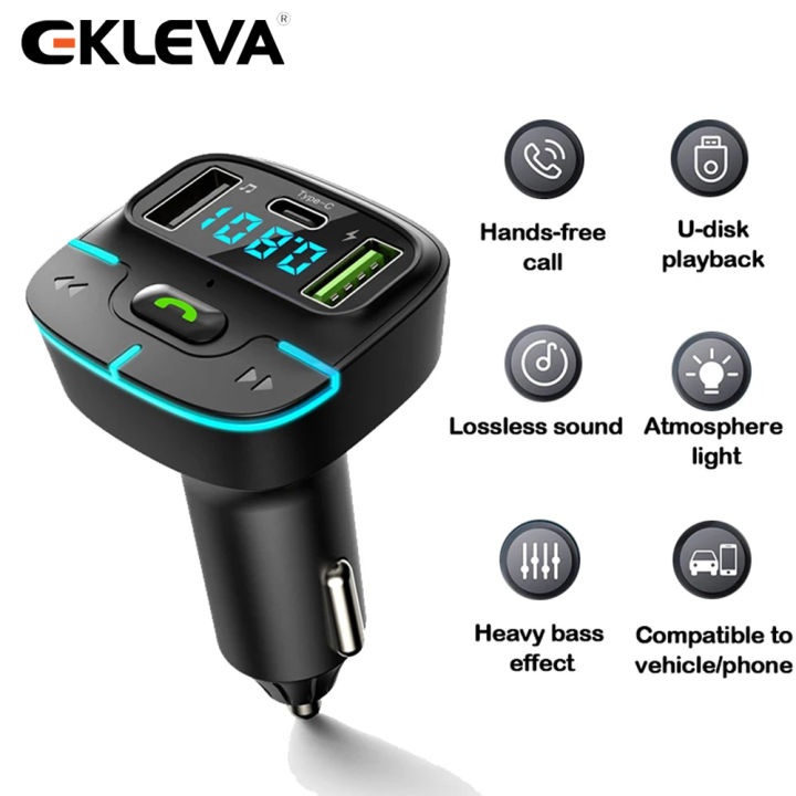 EKLEVA Car Bluetooth FM Transmitter Dual USB Fast Charger  Atmosphere light Wireless Handsfree Car Digital Receiver Car MP3 Player
