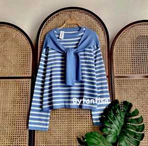 ALIKA Stripe Knit • Atasan Blouse Wanita • Sweater Rajut Syal menyatu