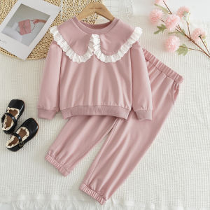 Gấu Lãnh Đạo quần áo trẻ em Bộ Cô Gái Của Màu Hồng Cổ Áo búp bê vải ren dài tay áo chui đầu và quần 2 Mảnh Trang Phục Mùa Thu quần áo trẻ em Phù Hợp Với 3 Để 7 Năm Mặc Giản Dị