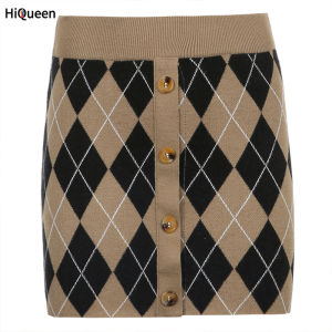 HiQueen Women Knitted Short Skirt High-waisted Rhomboid Hip Skirt A-line Short Arm Skirt