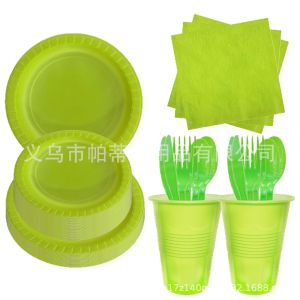 Cross-border solid color party set disposable PS plastic plate cup tissue birthday party picnic tableware decoration