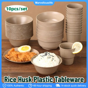 10pcs Disposable Rice Husk Bowls Hard Food Grade Bowl Plate Cup High Temperature Resistant Tableware
