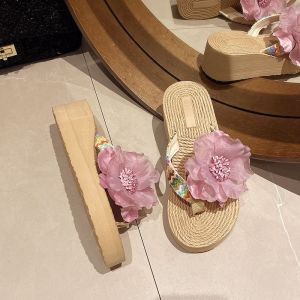 [Free Shipping] Floral Summer Slippers Fashionable Thick-Soled Dai Ethnic Flip-Flops Beach Shoes Wedge Heels Holiday Ethnic Clothing