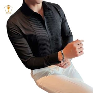 Áo sơ mi nam hàn quốc Xếp Ly TRAZ Vải Lụa cao cấp sơ mi tuxedo dài tay dự tiệc party trắng đen