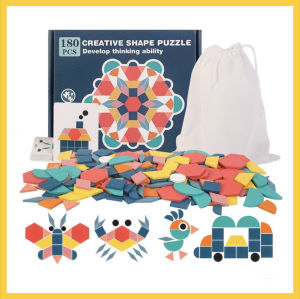 [SG STOCKS] 180 Pieces Montessori Morandi Wooden Shape Puzzle (24 Design Card / Early Geometry Pattern Block Creativity)