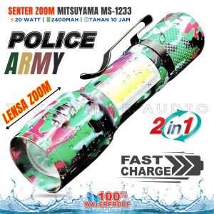 Senter Zoom Police LED Super Terang Lensa Bisa Di Zoom Senter Sorot Tahan 15 Jam Original MITSUYAMA MS-1233 | Senter Mini Zoom Waterproof Fast Charging Cas USB Rechargeable Type C Isi Ulang Tahan Lama Laz COD Bisa Bayar di Tempat TOKO SINAR AUDIO