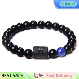 SHNGki 12 Constellation Zodiac Signs Beads Couple Bracelet Natural Black Onyx Stone Elastic Charm Bracelet for Women Men