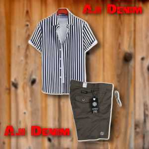 SET Kemeja Salur Garis Garis Pria Lengan pendek dan celana pendek