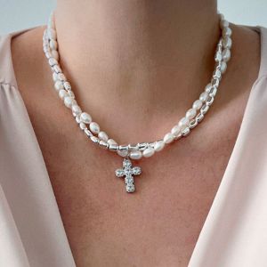 AE European and American Baroque Imitation Pearl Necklace for Women Niche Light Luxury with a High-End Feel Diamond-Encrusted Cross Pendant Clavicle Chain