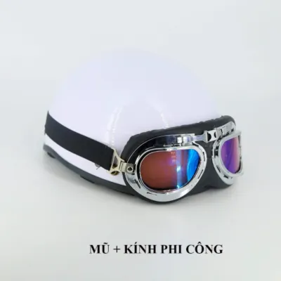 MŨ BẢO HIỂM NỮA ĐẦU SƠN BÓNG MÀU TRẮNGKÈM KÍNH PHI CÔNG 7 MÀUVIỀN BẠCSANG TRỌNG-ĐẠT CHUẨN
