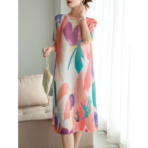NOVA⭐Miyake same style ※Abstract print pleated skirt summer new high stretch large size round neck silhouette dress women