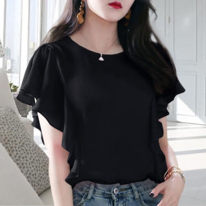 Ruffled Short Sleeve Chiffon Shirt for Women New Versatile Large Loose and Slim T-shirt Cover Up Top