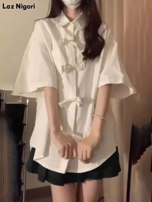 Laz Nigori Two-piece suit new Chinese style bow-knot short-sleeved white shirt high-waist slim pleated skirt for female students