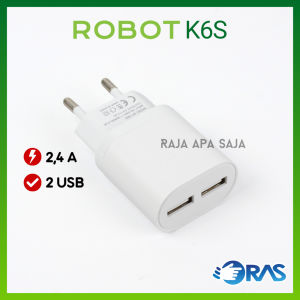 Kepala Charger Robot 2 Port Output USB 24A Batok Travel Adaptor Casan Fast Charging Android K6S