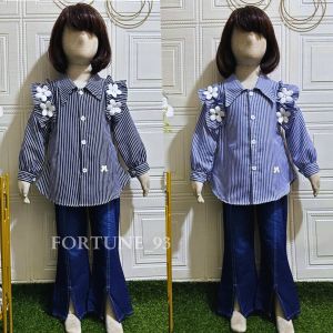 Stelan denim anak perempuan import korean style kombinasi bunga tulip celana kulot skena jins usia 3 - 10 tahun set brokat anak perempuan terbaru 2024 setelan jumbo anak perempuan set anak tanggung -COD