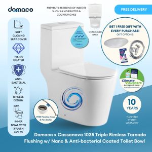 Domaco x Cassanova 1035 Triple Rimless Tornado Flushing w/ Nano & Anti-bacterial Coated Toilet Bowl