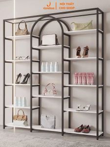 VNS-002 Kệ khung sắt mặt gỗ trưng đồ shop mỹ phẩm giày dép túi xách phụ kiện . .