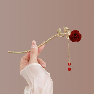 1PCS New Red Flocking Rose Tassel Tray Girls Summer Fashion Antique Hairpin Headdress