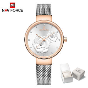 NAVIFORCE NF5013 Womens Quartz Watch Simple Dress Top Brand Luxury Rose Gold Ladies Wristwatch Mesh Stainless Steel Bracelet Flower Female Clock