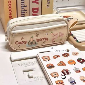 495HS Large-capacity Music Cat Pencil Case Multifunctional Capybala Cartoon Cat Pen Bag Drawstring Pencil Case Animal Zipper Pencil Bag Cosmetic Bag