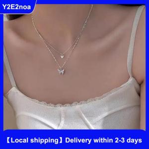 【Local shipping】 Double Layer Clavicle Chain Necklace Jewelry Zircon Butterfly Pendant Necklace for Women Accessories
