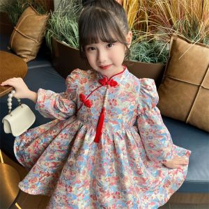 Girls dress Chinese style Hanfu Qipao spring 2024 new childrens floral princess dress