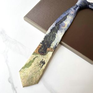BUENOO Flower Oil Painting Mens Ties Vintage Van Gogh Bow Tie Unique Soft Smooth Casual Necktie Shirt Party Accessories