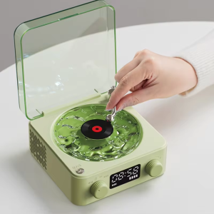 ลําโพงบลูทูธ ลำโพงมินิ ไร้สาย สไตล์มินิมอล วินเทจ แบบพกพา Vinyl Turntable Speaker with Dynamic Water Ripple RGB Light