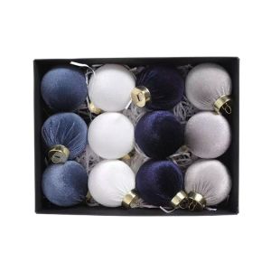 YOUSHI TOP 12pcs/SET Nhựa Bộ bóng Giáng sinh nhung Vải nhung 6cm Đồ trang trí cây Giáng sinh Quả bóng treo cây Giáng sinh Đỏ Xanh dây chuyền bóng Giáng sinh phủ nhung Trang trí Giáng sinh vui vẻ