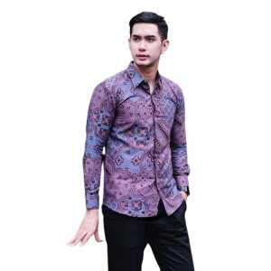 Kemeja Batik Pria Lengan Panjang Bahan Katun Premium Reguler Fit Ungu Lilac Prabu Prabuseno Solo