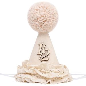 NOBLELYN Handcrafted Pom Pom Birthday Hat Sweet Neutral Color Lace Ruffle Hat  Princess Birthday Hat Childrens Party
