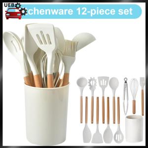 [Ueb Wholesale Mall] 12Pcs Kitchen Utensil Set Heat-Resistant Cookware Wooden Handle with Holder Spatula Spoon Brush Whisk Kitchen Supplies