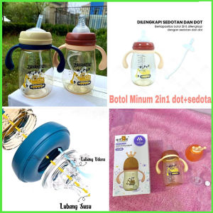 Botol Air Minum Bayi 300ML 2in1 + Sedotan+dot BPA Free / Gelas Kartun Botol Jerami Anak Motif Anti Tumpah