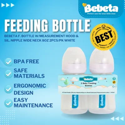 Bebeta F. Bottle w/Measurement Hood & Sil. Nipple Wide Neck 8oz 2pcs/pk White