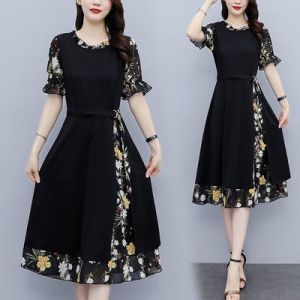 Chiffon Stitching Dress Women Plus Size Slim-Fit Slimmer Look Temperament Skirt Summer Popular Womens Clothing