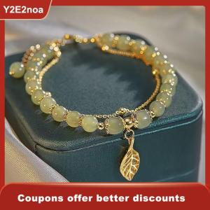 【Y2E2noa】 Accessories For Women Imitation Beaded Bracelet Leaves Double Layer Chain Bracelet For Girls Wedding Party Jewelry Gift