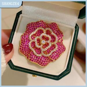 【SHANGZE4】 Retro micro-dát Rhinestone Rose Red Camellia trâm cài cho phụ nữ quần áo áo trang sức accessries Quà Tặng