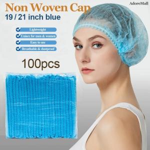 100Pcs Blue/White Shower Cap Disposable Head Cap Non Woven Cap/Bouffant Cap Lightweight