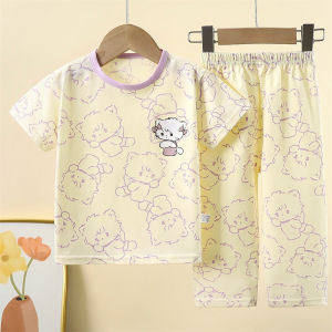 【Local Stock】100% Cotton Childrens Summer Set Short Sleeved+long Pants 2pcs Cute Cartoon Girls Pajamas Breathable Childrens Clothing Set