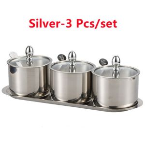 304 Stainless Steel Seasoning Jar Combination Set Seasoning Jar Glass Cover with Spoon Tray with Spoon Salt Jar Seasoning Bottle Seasoning Box