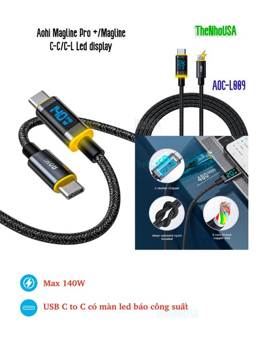 Cáp sạc nhanh Aohi 140W MagLine + / Pro + USB C-C / C-L có màn Led tiện ...
