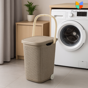 Durable Rattan Laundry Basket with Folding  Lockable Handle and Wheels Ventilated Storage Basket