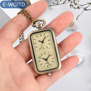 E-WOITD Đồng hồ tinh tế bằng đồng móc khóa bỏ túi đồng hồ vuông Retro đôi thời gian đồng hồ thạch anh không có mặt dây chuyền phong cách cổ
