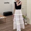 【SALE】 Lovito Casual Plain Ruffle Hem A-Line Midi Skirts for Women LNA10128 (White). 