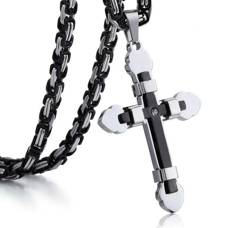 Trendsmax Men's Stainless Steel Byzantine Chain Necklace With Cross Pendant – 22 Inch, Black/Silver