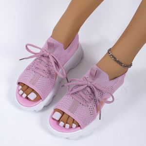 Free Shipping Plus-Size WomenS Sports Sandals 2026 Summer New Collection Thick-Soled Breathable Knit Upper Soft Sole Casual Hollow-Out Design Beach Sandals