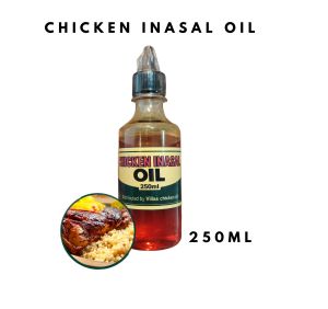 Chicken Inasal Oil 250ml - Reddish liquid plastic bottle with black cap cooked chicken and rice.