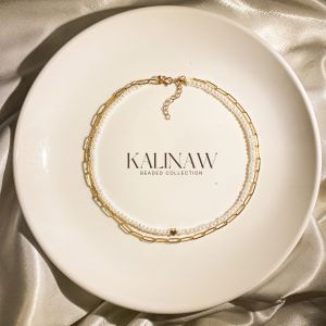 KALINAW Opulence Layers Pearl and Stainless Steel Flat Oval Link Gold Chain Layered Necklace