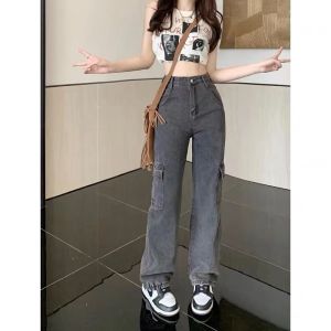 COD  Quần Bò Cổ Điển Quần Yếm Cạp Cao Quần Ống Rộng Mùa Thu Cho Nữ Quần Ống Đứng Xếp Nếp Thiết Kế Quần Dài Sành Điệu  Sem