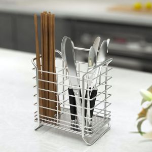 JJT Chopsticks tube Kitchen chopsticks storage rack Square double grid wrought iron chopsticks cage for hanging tableware racks